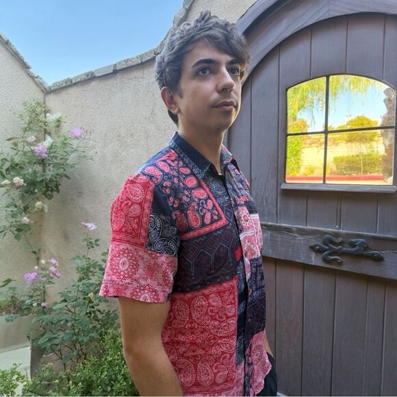 Raga Man Bandana Patchwork Button Down Shirt Red Navy White Medium - Picture 4 of 11